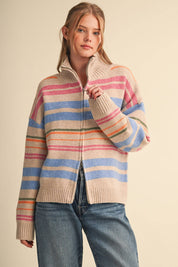 Cream Striped Mock Neck Zip Up Cardigan