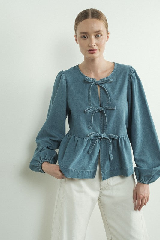 Long Sleeve Denim Bow Tie Blouse