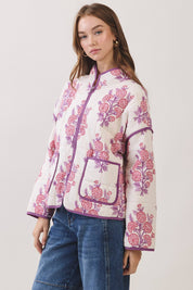 Floral Print Quilted Jacket showing drop shoulders