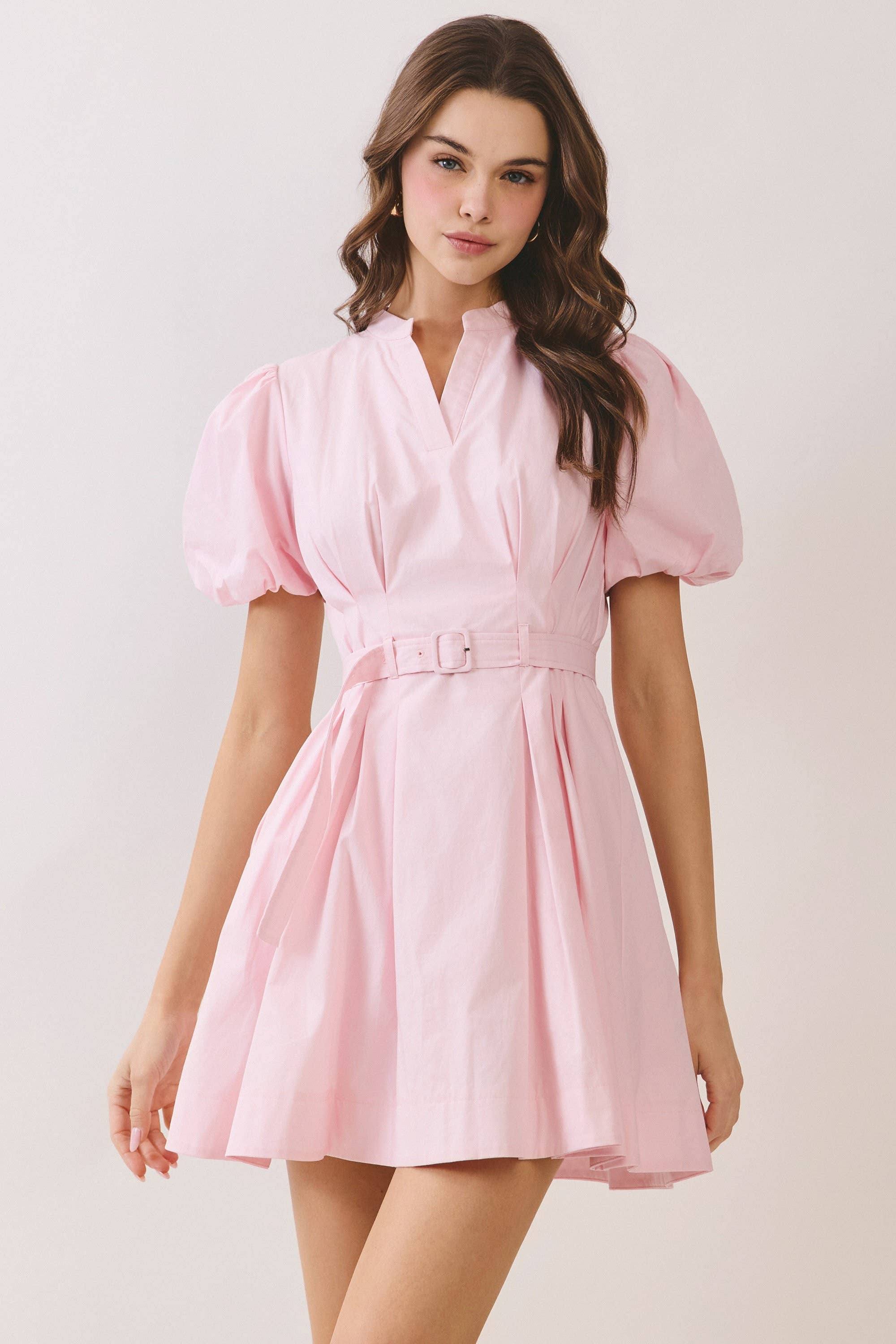Pink Belted Puff Sleeve Mini Dress