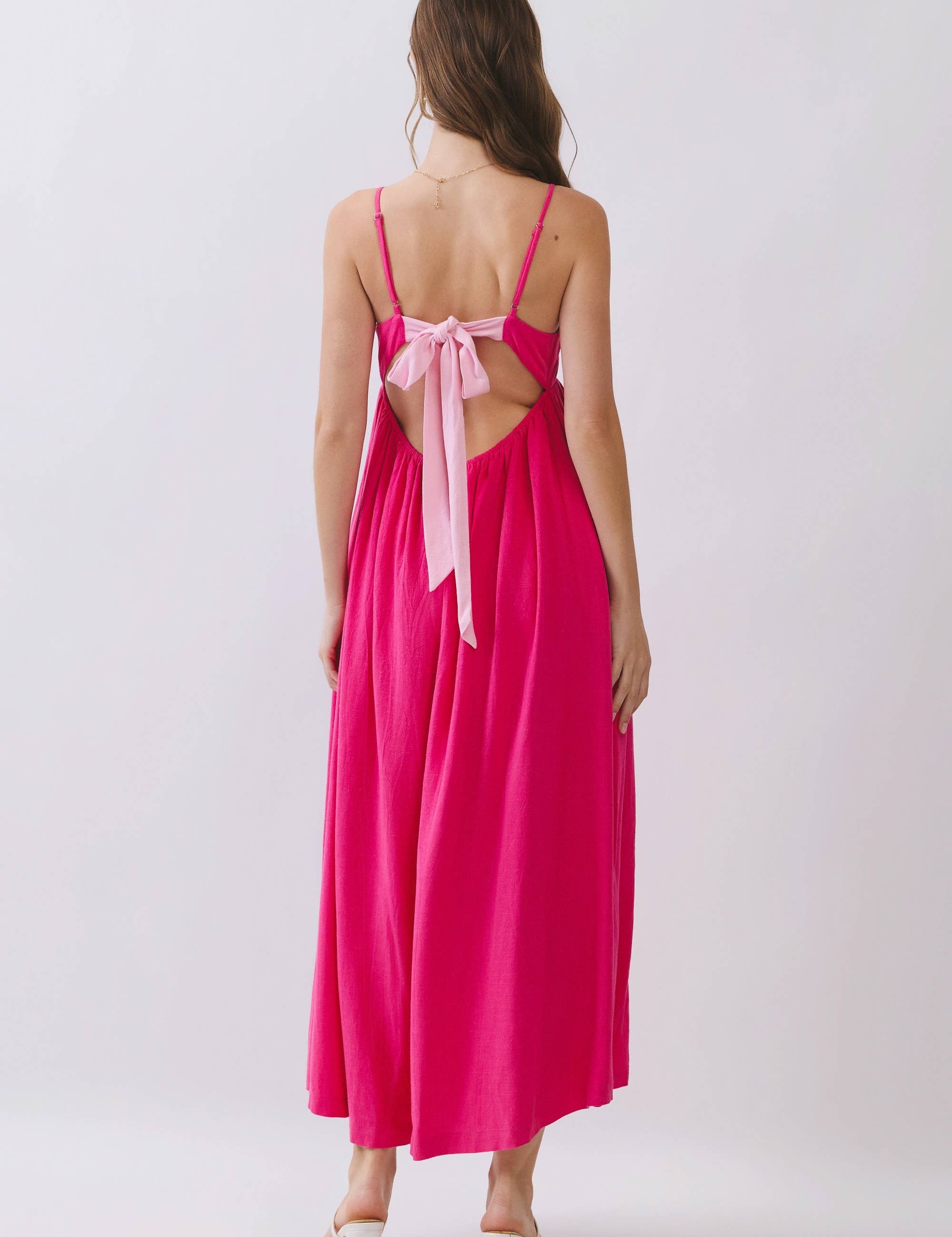 Pink Open Back Tie Strap Maxi Dress