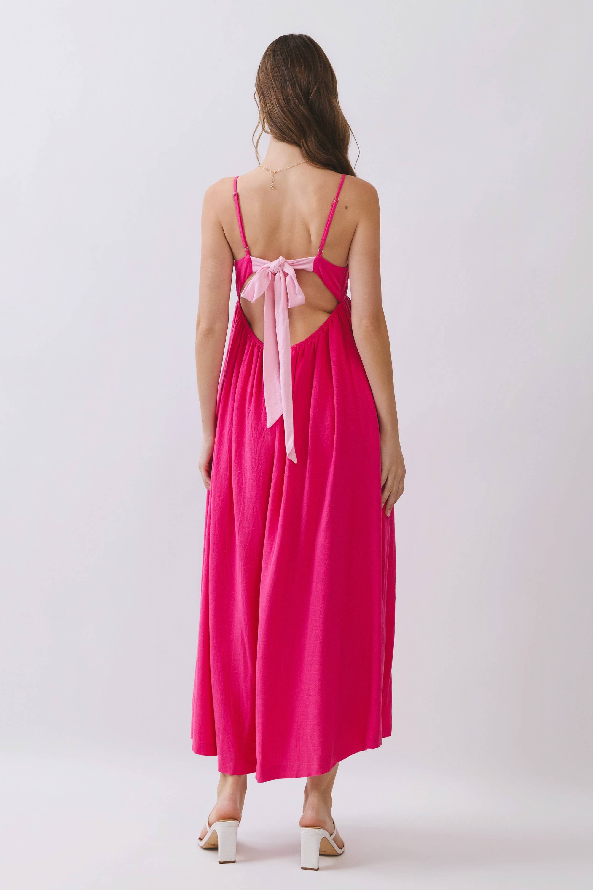 Pink Open Back Tie Strap Maxi Dress