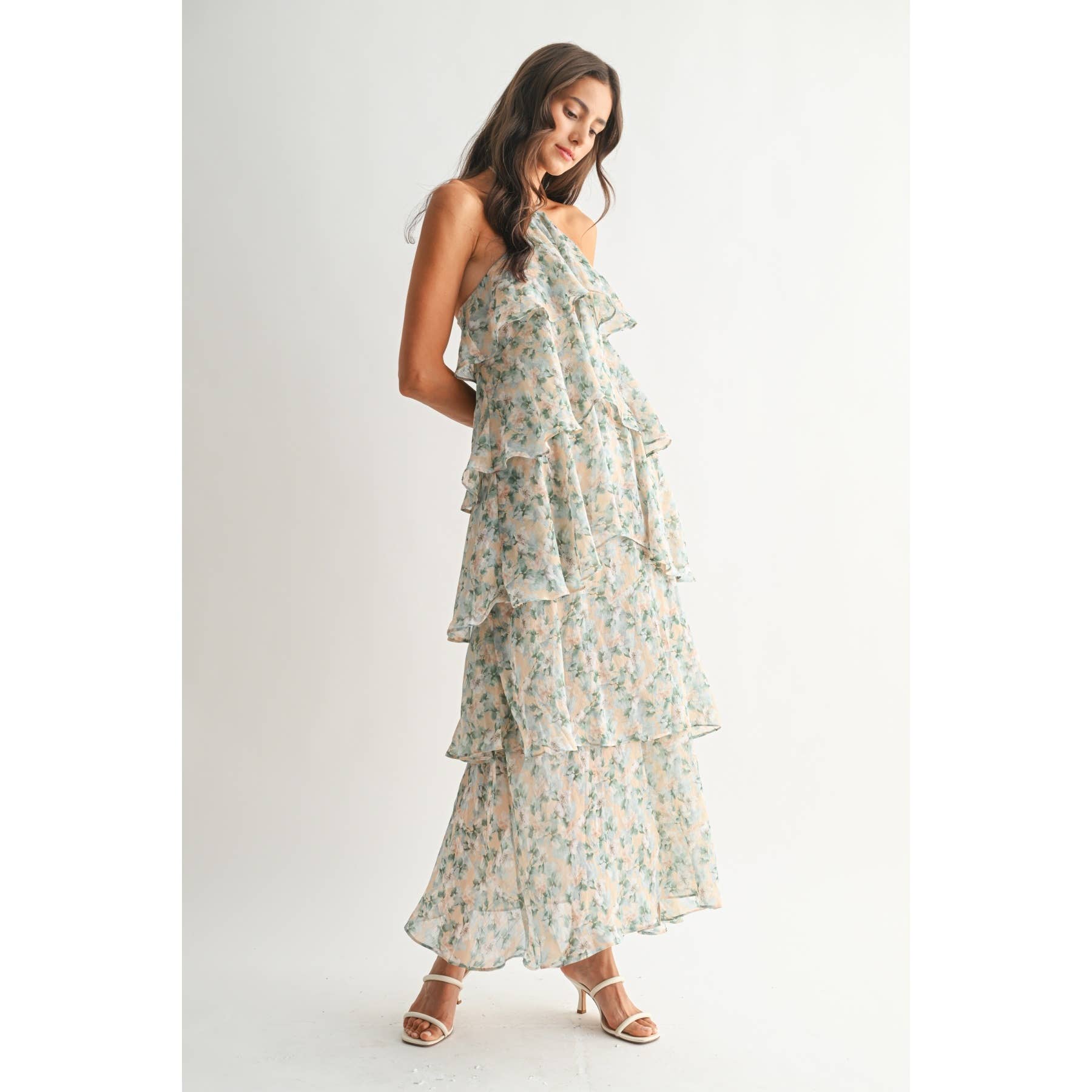 Green Floral Ruffle Tiered Maxi Dress