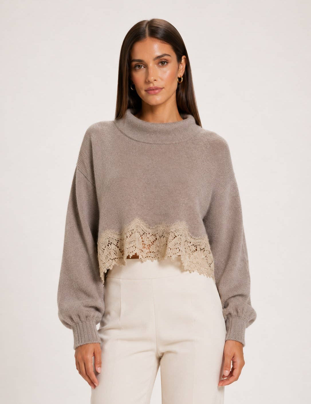 Beige Crop Lace Hem Sweater — cropped and lace hem