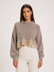 Beige Crop Lace Hem Sweater — cropped and lace hem