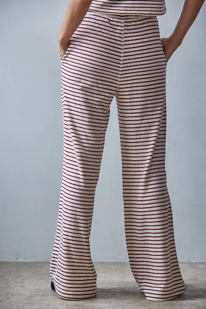 Cream & Burgendy Striped Flare Pants