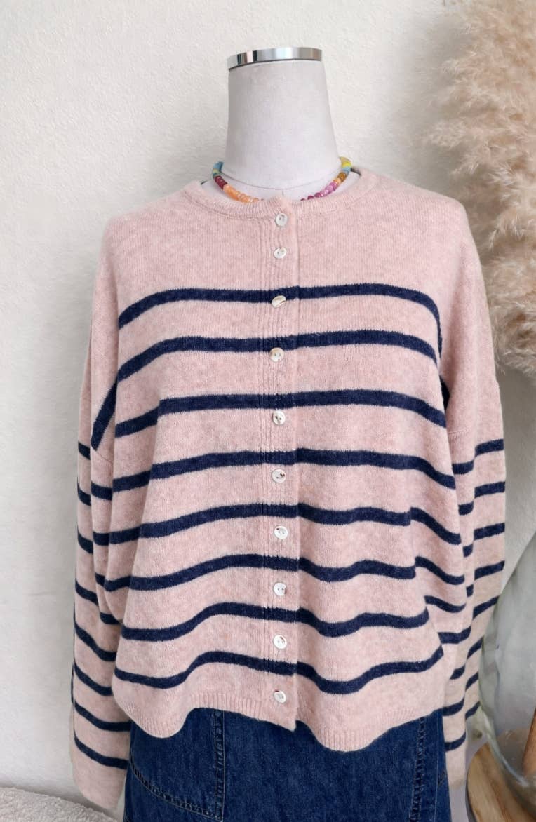 Light Pink & Navy Striped Oversized Cardigan