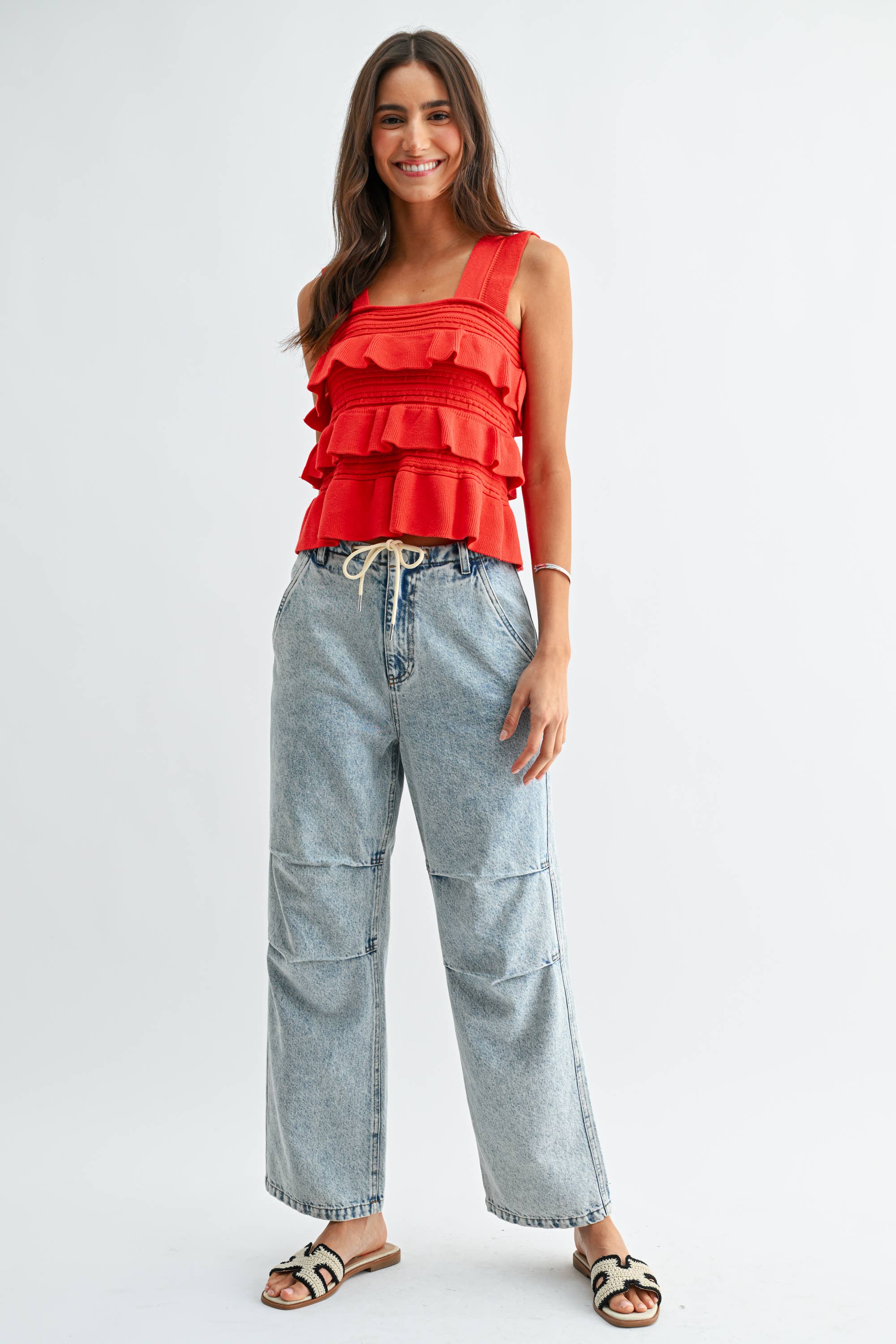 Red Ruffled Knit Sleeveless Top