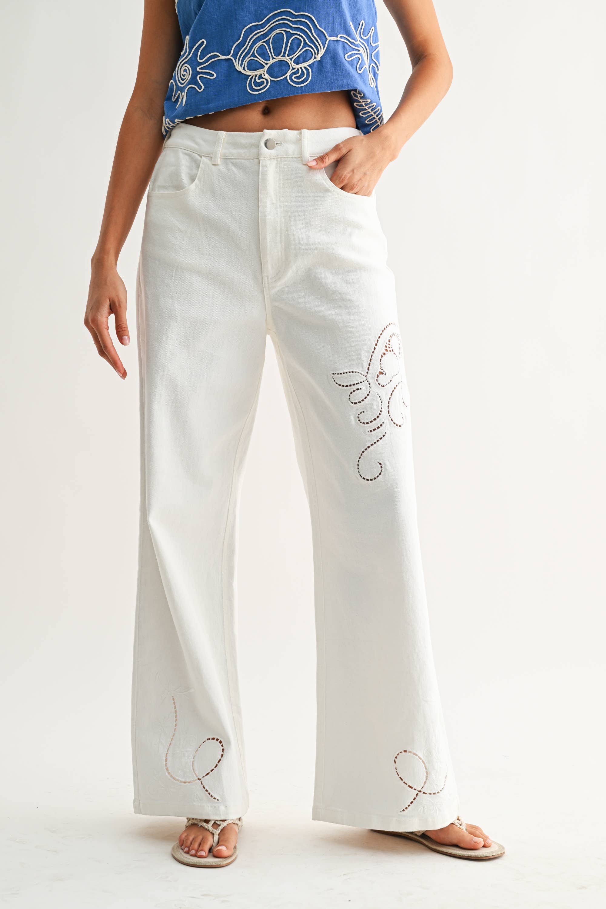 White Wide-Leg Trousers w/ Cutout