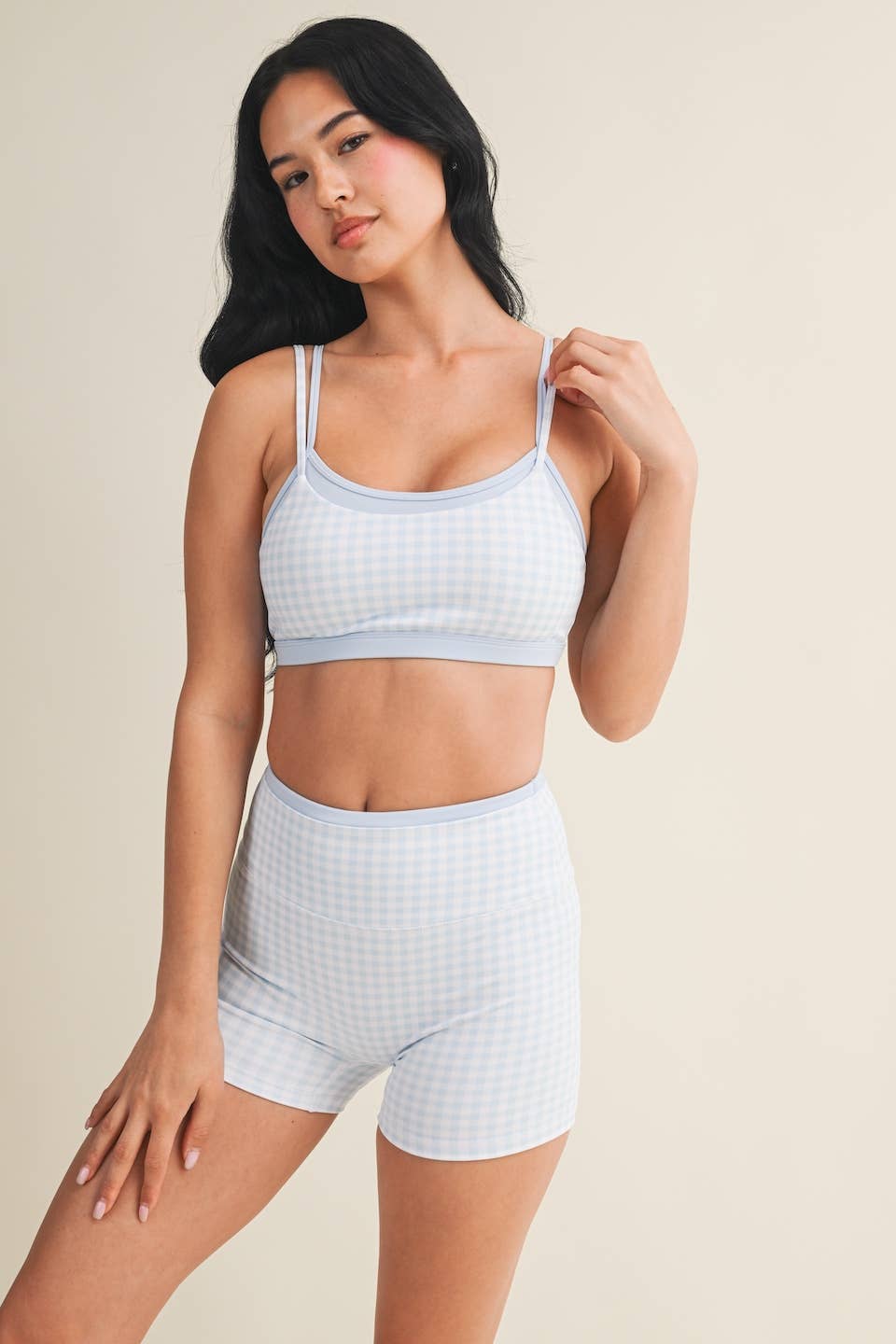 Blue Gingham Layered Sports Bra