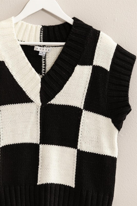 Black Checkerboard Knit Sweater Vest