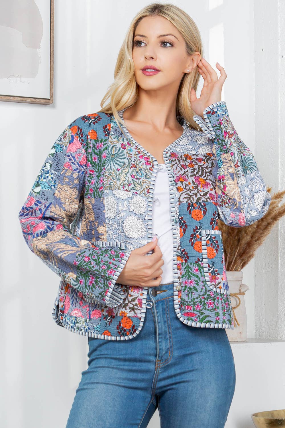 Gray Floral Print Quilted Patch Jacket