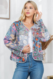 Gray Floral Print Quilted Patch Jacket