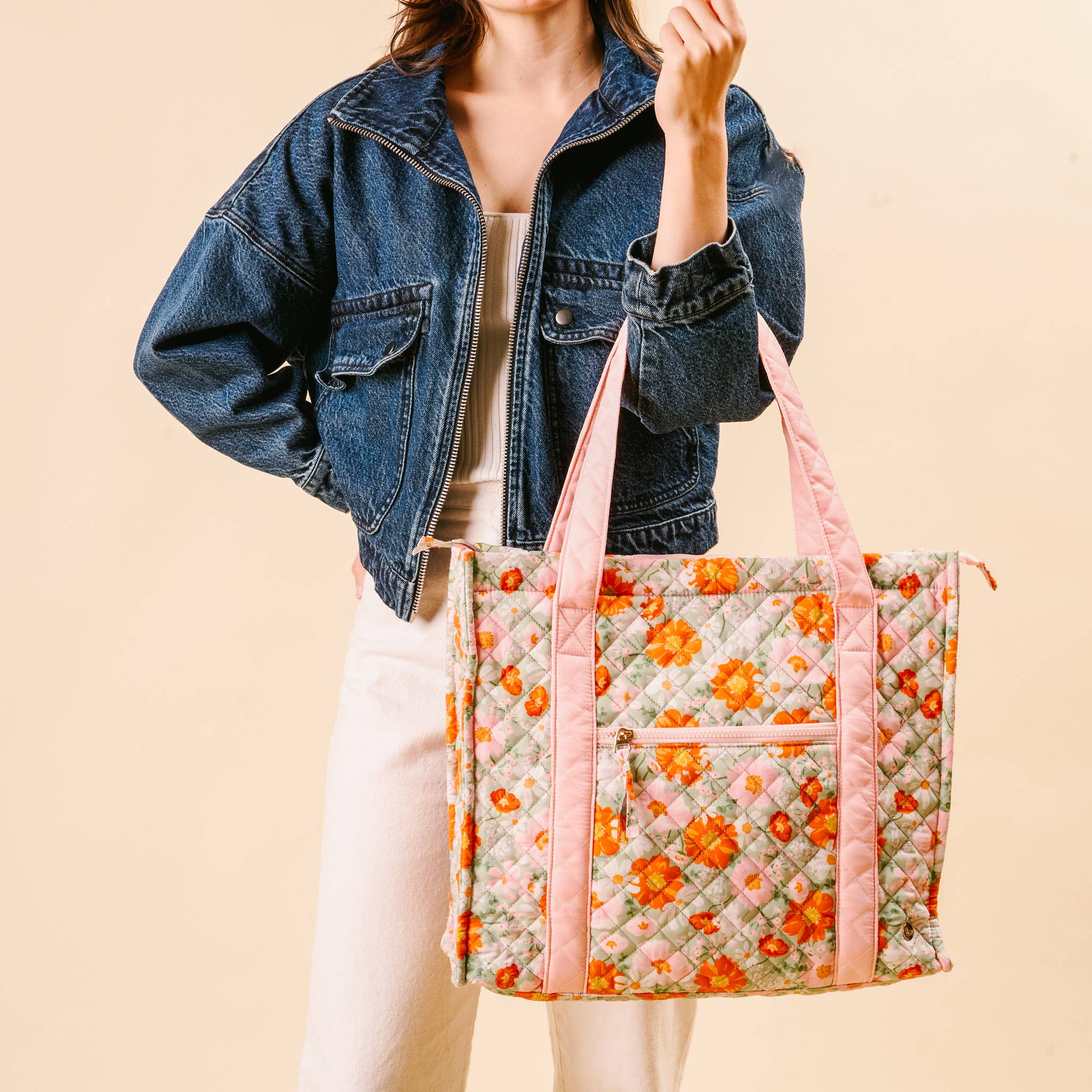 Green Floral Quilted Tote