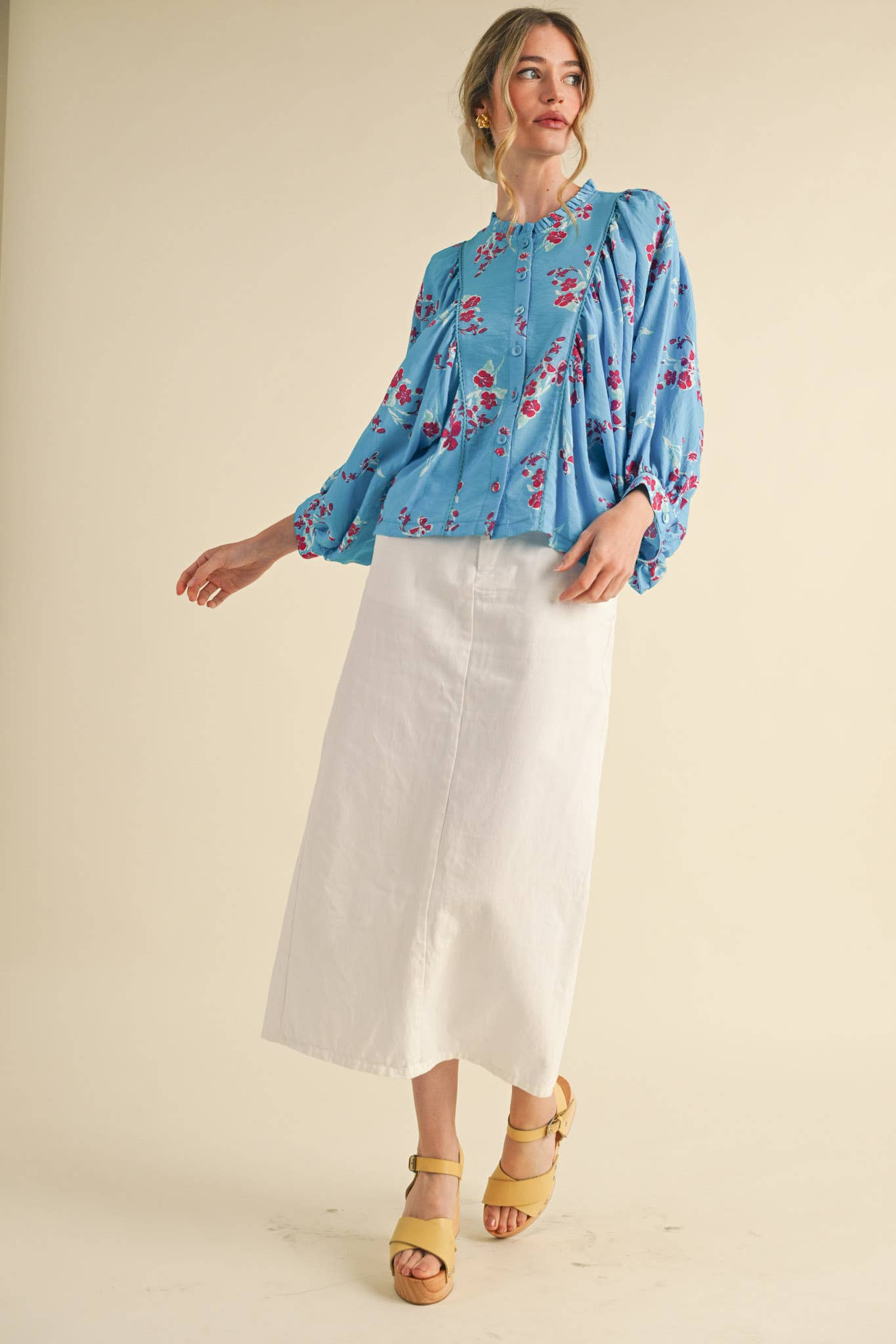 Blue Floral Dolman Sleeve Blouse