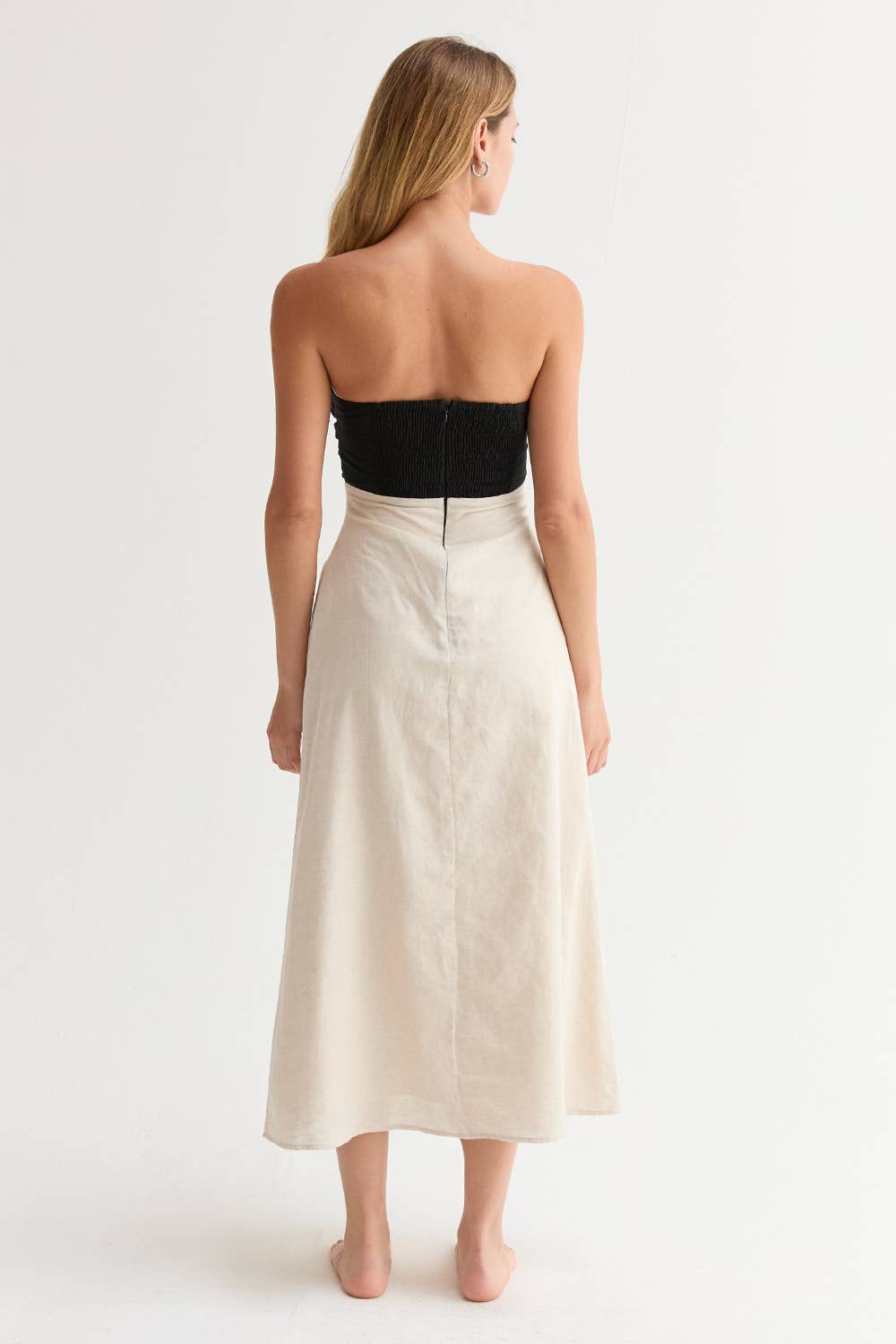 Linen Colorblock Front Twist Midi Dress