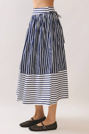 Navy Striped High Waist Midi Skirt
