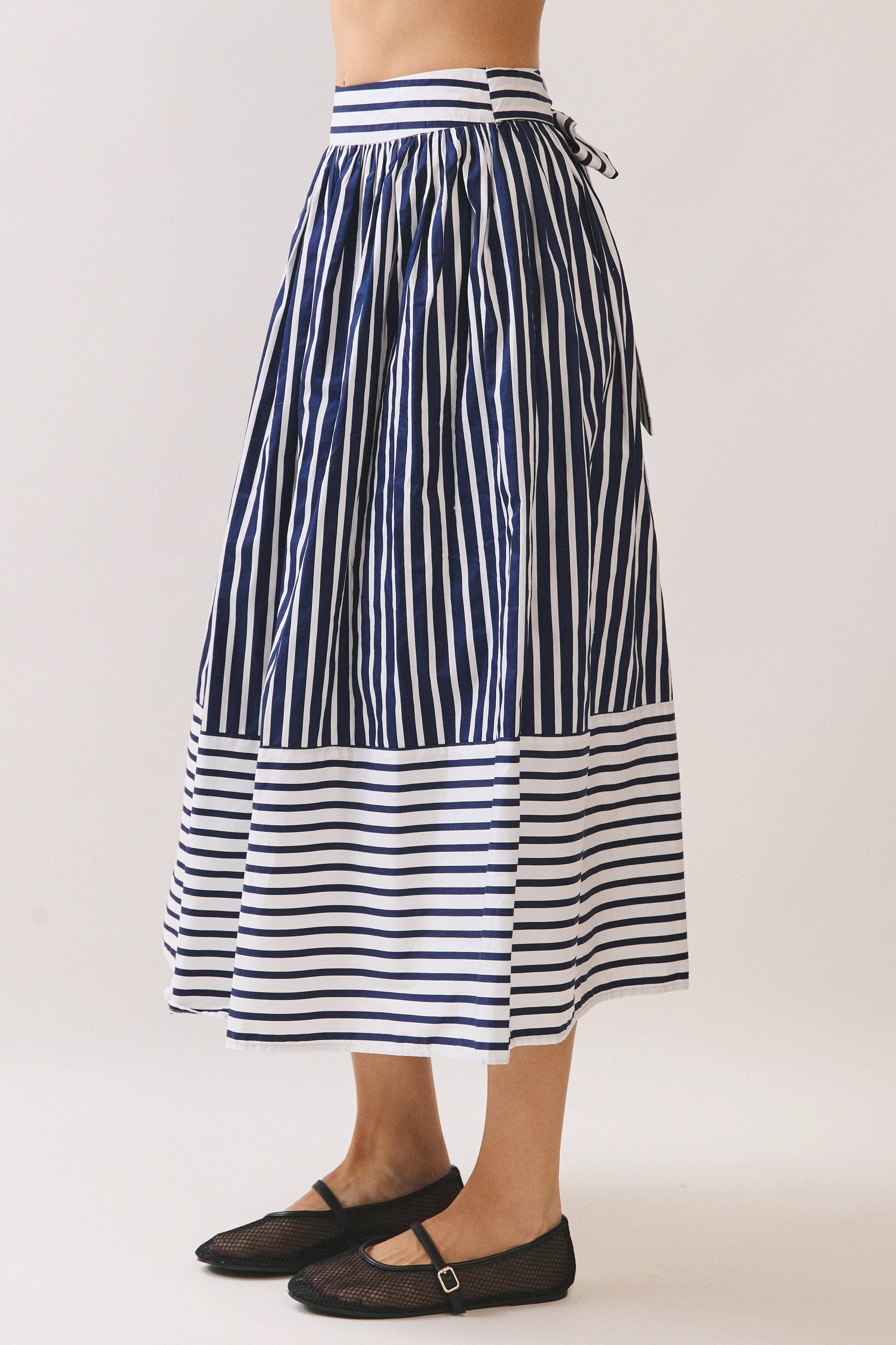 Navy Striped High Waist Midi Skirt