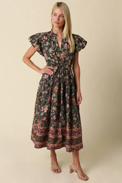 Green Bubble Sleeve Floral Midi Dress