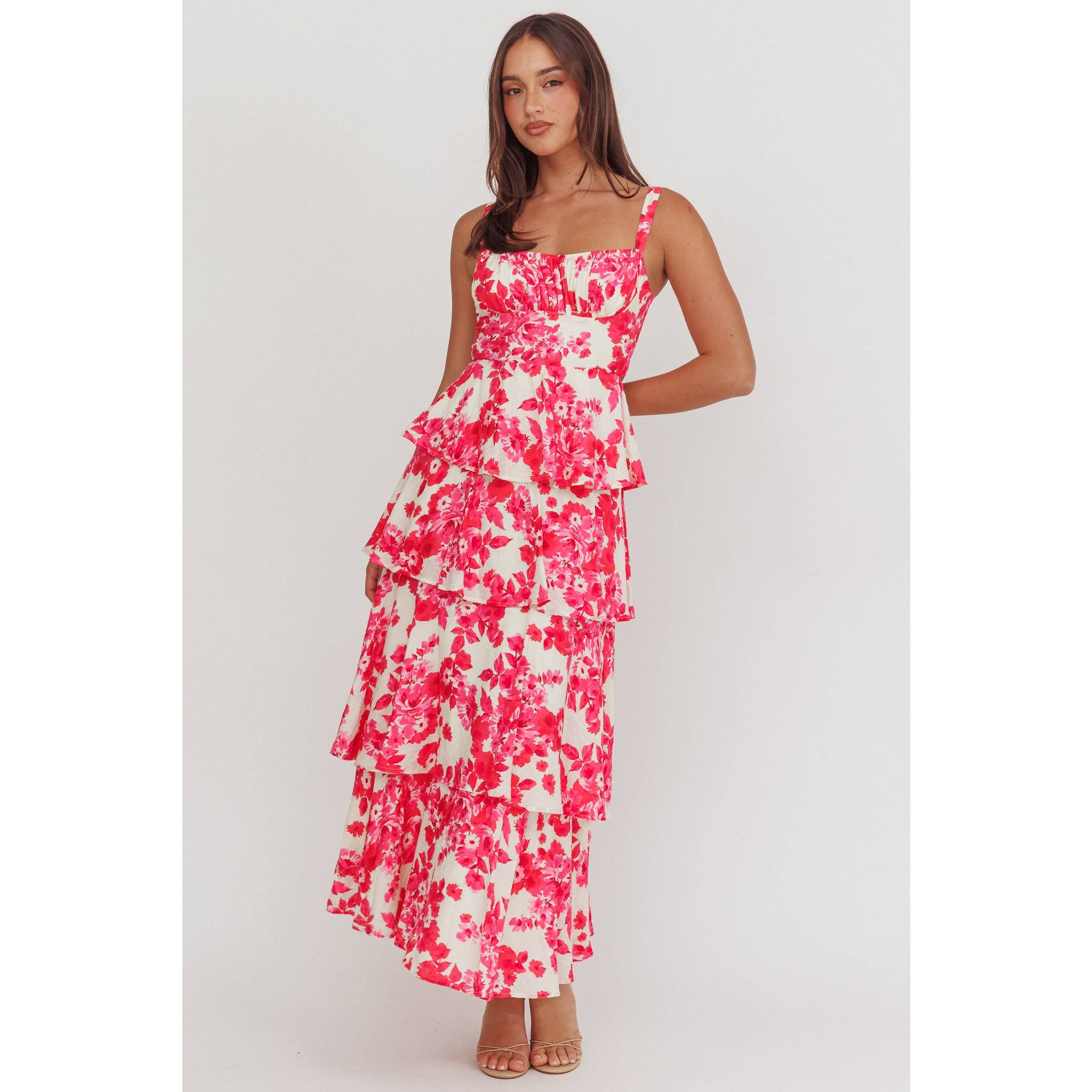Pink Floral Tiered Maxi Dress