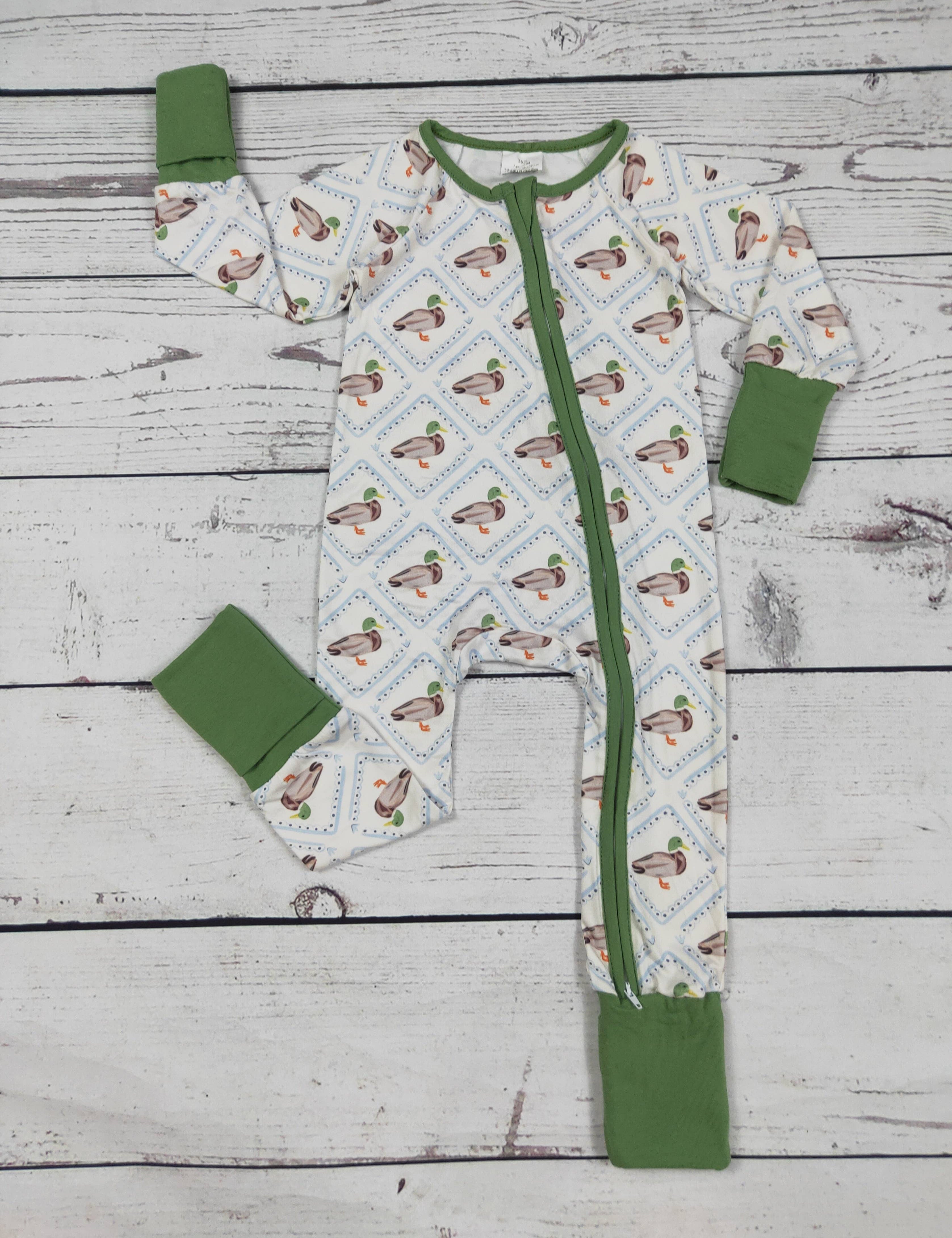 Boy Duck Hunting Sleeper — color: cream with mallard duck print and crew neckline