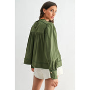 Green Puff Sleeve Embroidered Blouse