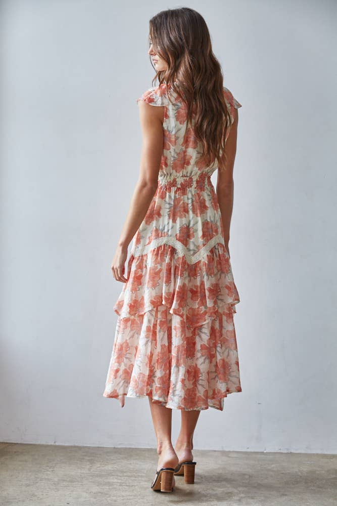 Floral Print Tiered Ruffle Midi Dress