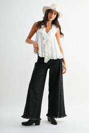 Black Wide-Leg Denim Stud Pants