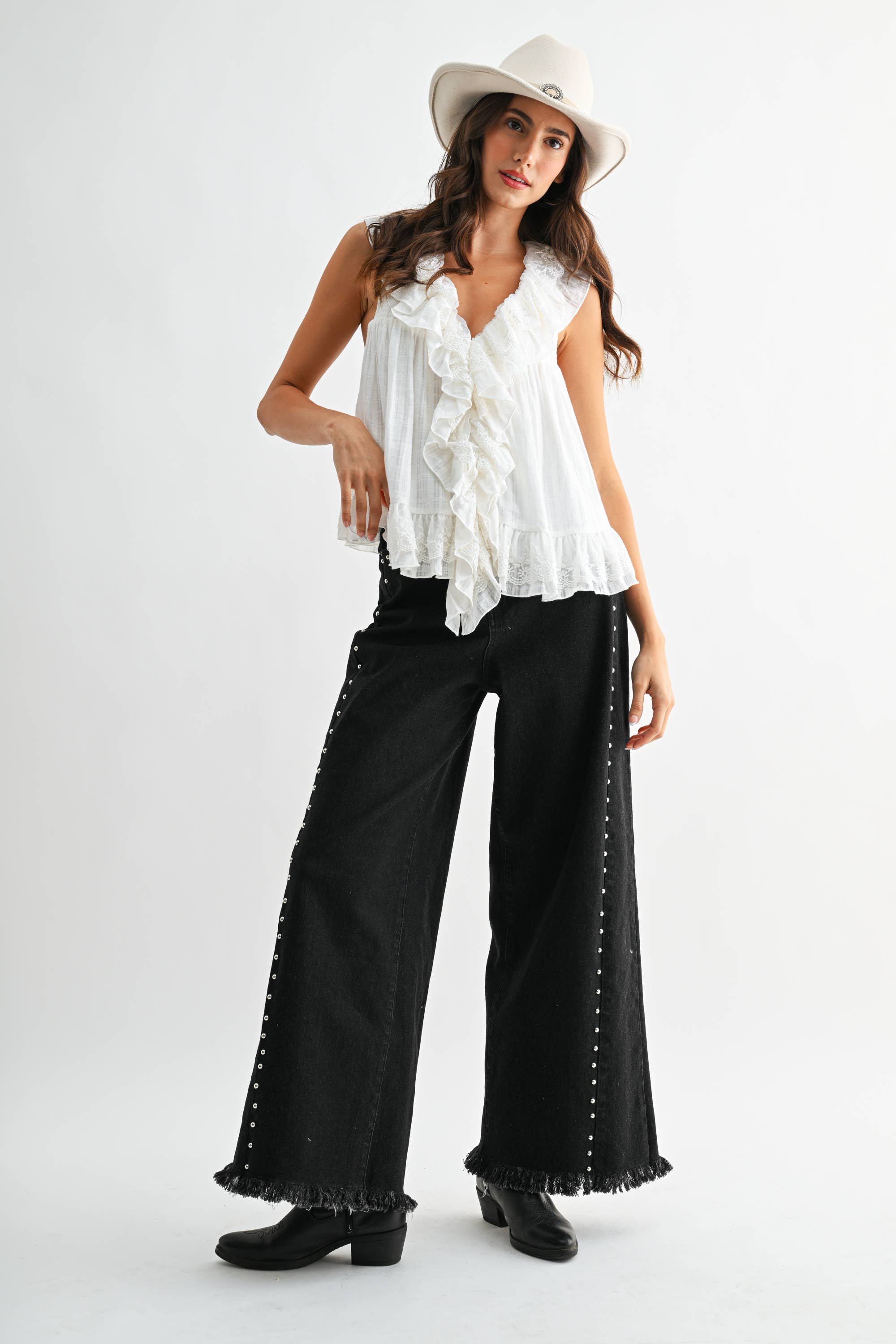 Black Wide-Leg Denim Stud Pants
