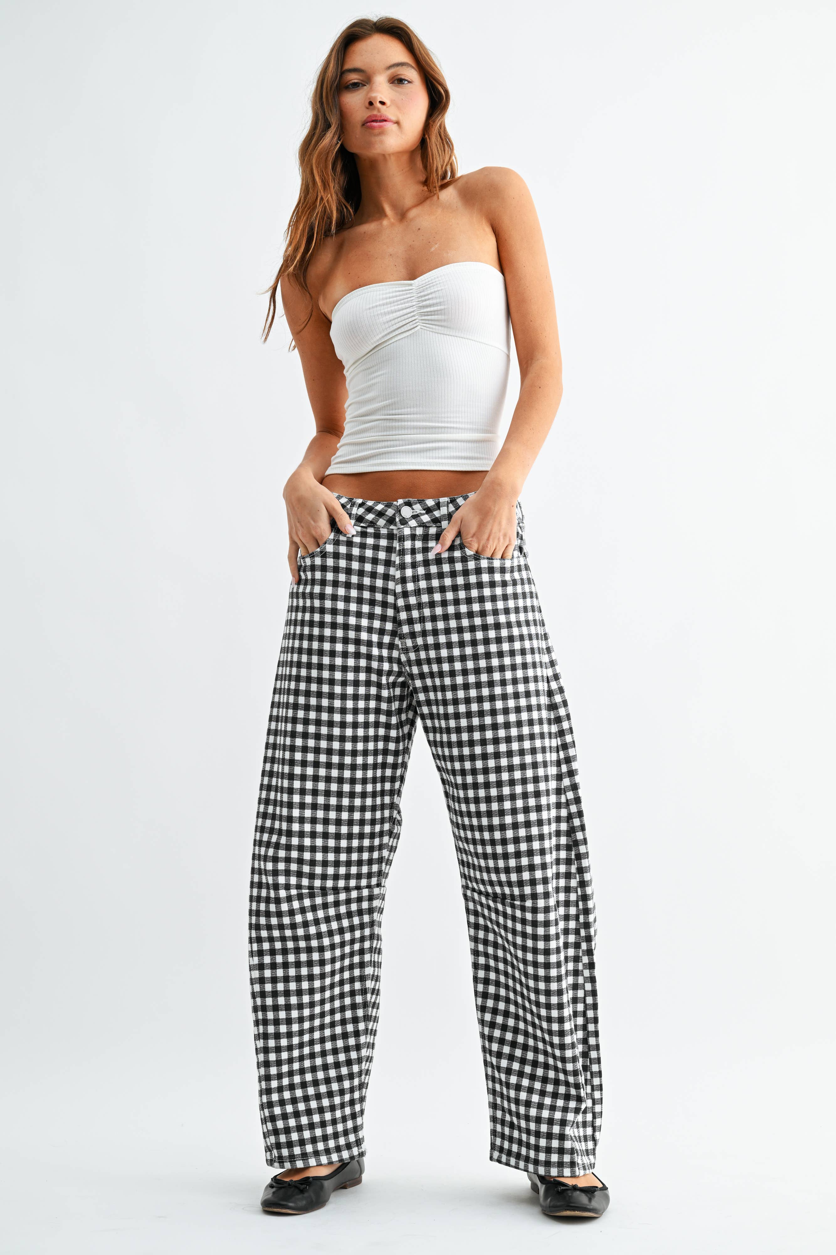 Black & White Gingham Barrel Jean