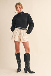 Black Mock Neck Puff Sleeve Sweater