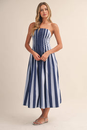Blue Strapless Striped Midi Dress