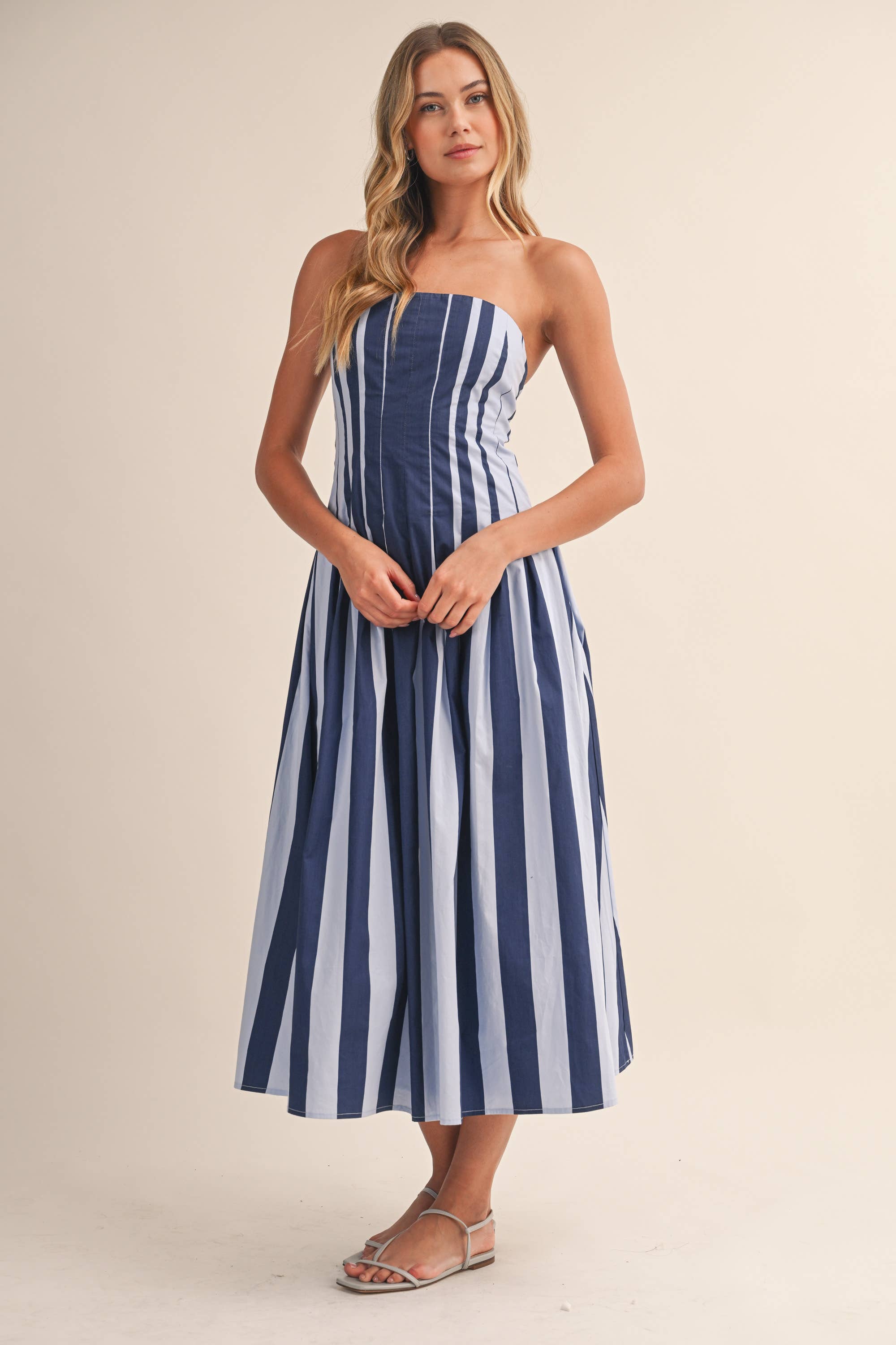Blue Strapless Striped Midi Dress
