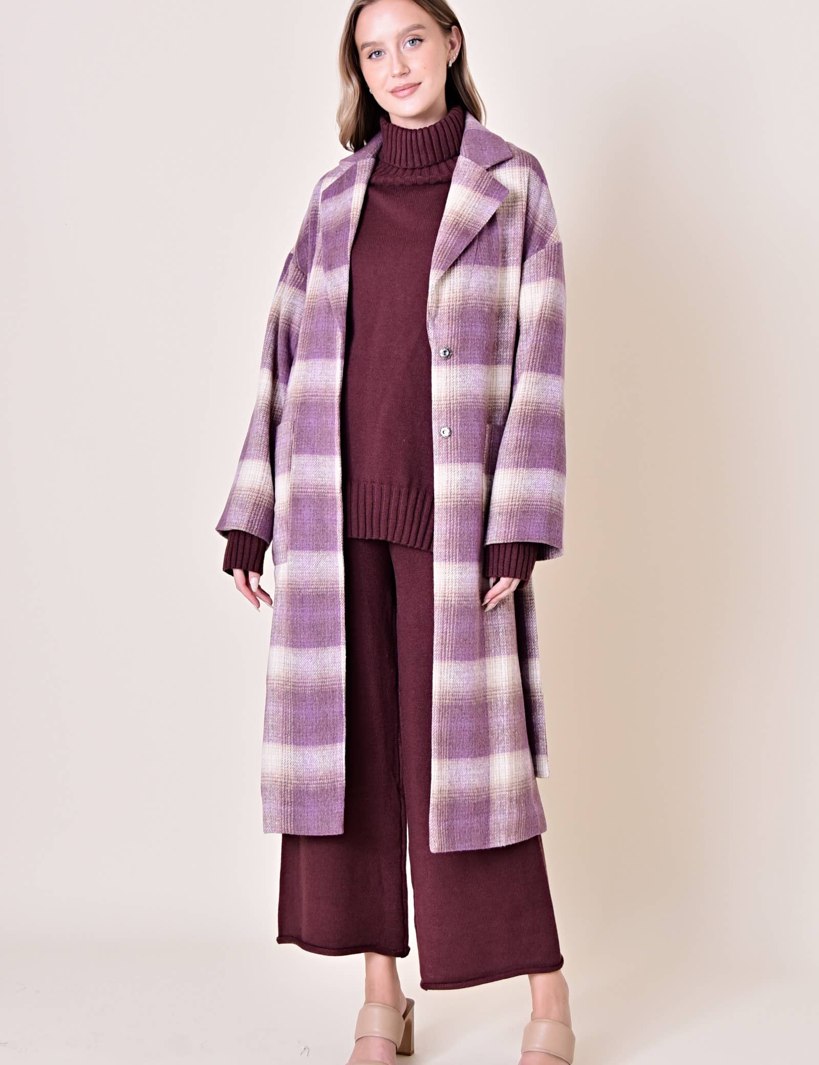 Lavender Plaid Belted Long Coat
