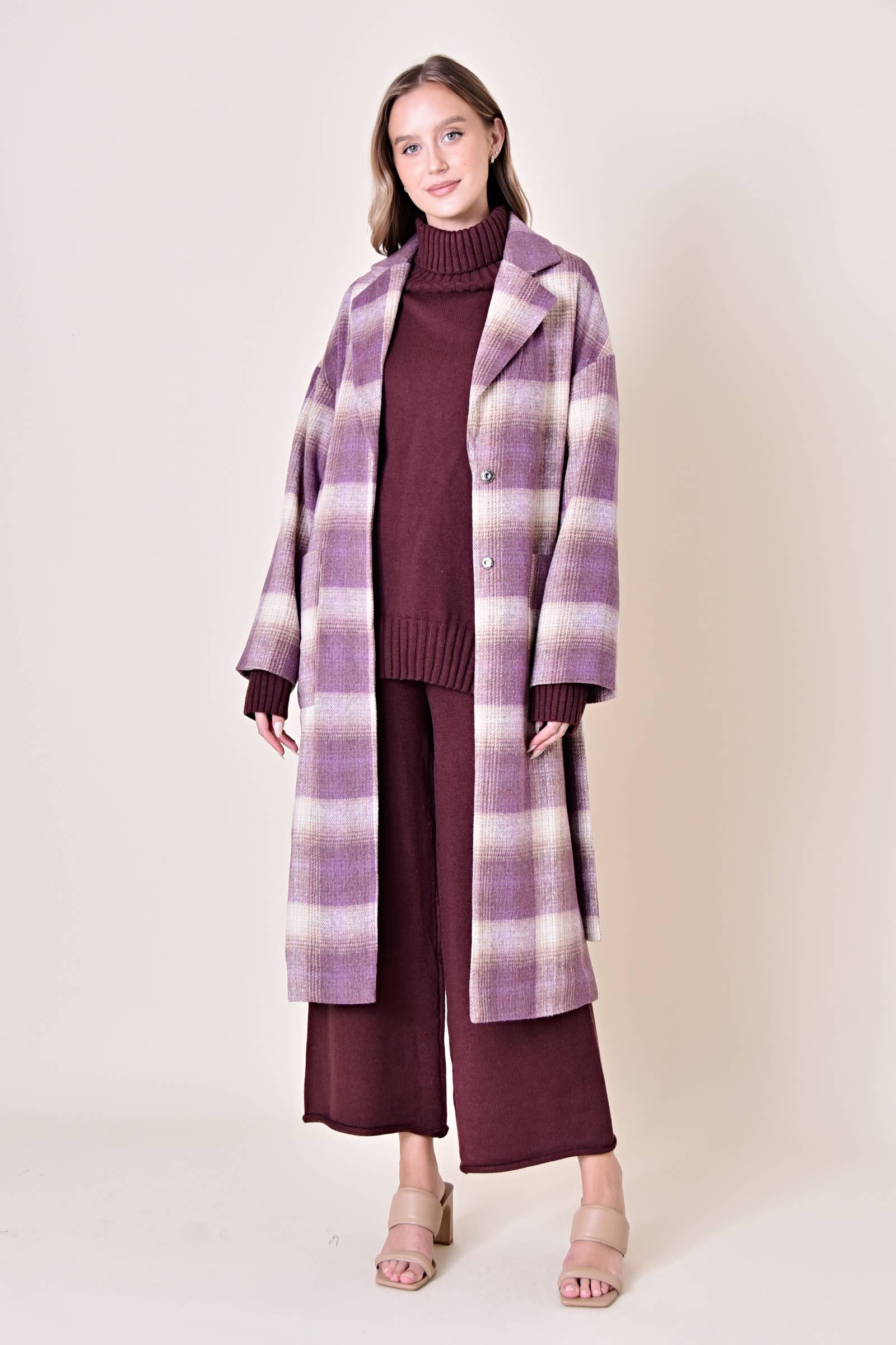 Lavender Plaid Belted Long Coat