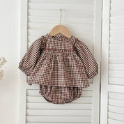 Gingham Baby Romper with Long Sleeve Puff Design
