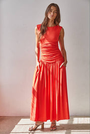 Red Ruched Side Sleeveless Dress