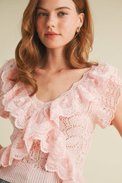 Pink Ruffle Knit Lace Top showing lace ruffle trim