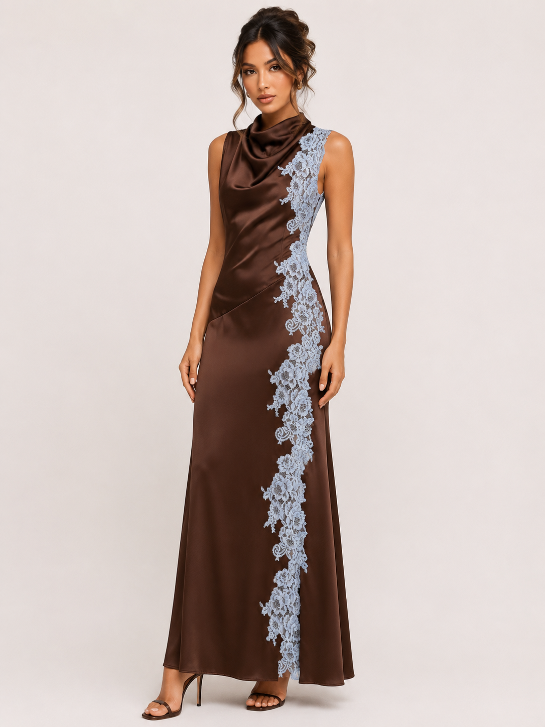 Brown Cowl Neck Satin Dress — cowl neck and blue lace trim down side
