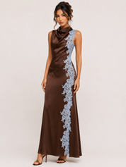 Brown Cowl Neck Satin Dress — cowl neck and blue lace trim down side