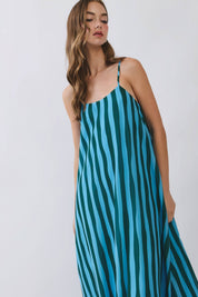 Blue Striped Scoop Neck Maxi Dress
