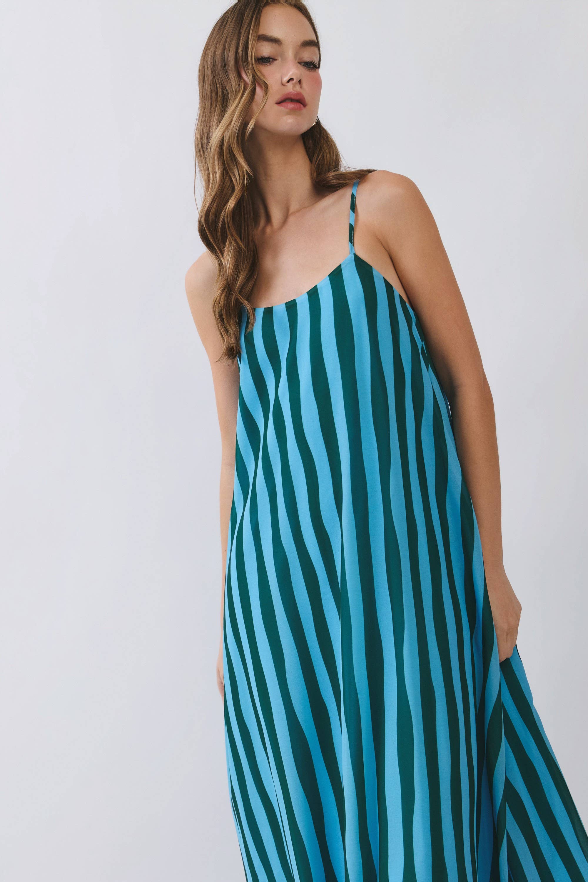 Blue Striped Scoop Neck Maxi Dress