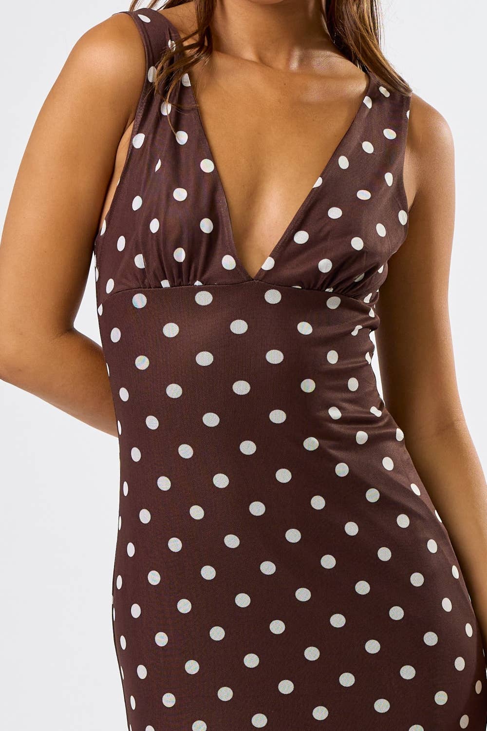 Brown Mesh Polka Dot Maxi Dress