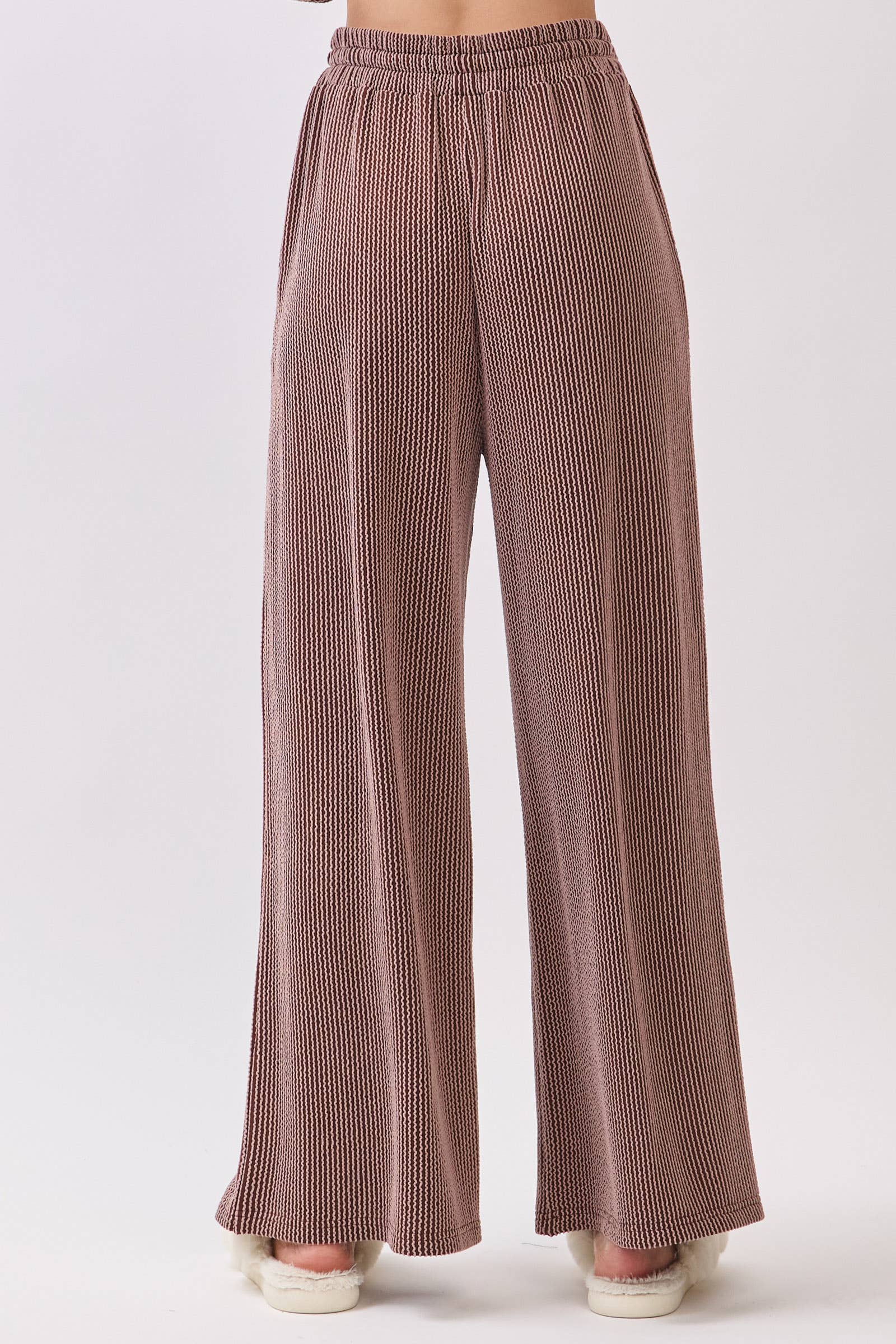Brown Ribbed Knit Top and Wide Leg Pants Set