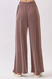 Brown Ribbed Knit Top and Wide Leg Pants Set