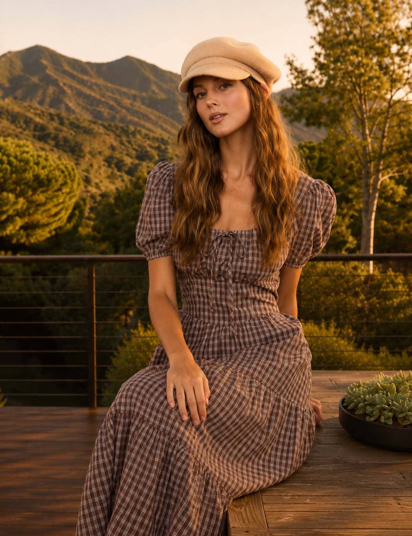 Brown Plaid Tiered Midi Dress showing color: mocha brown and cream check plaid