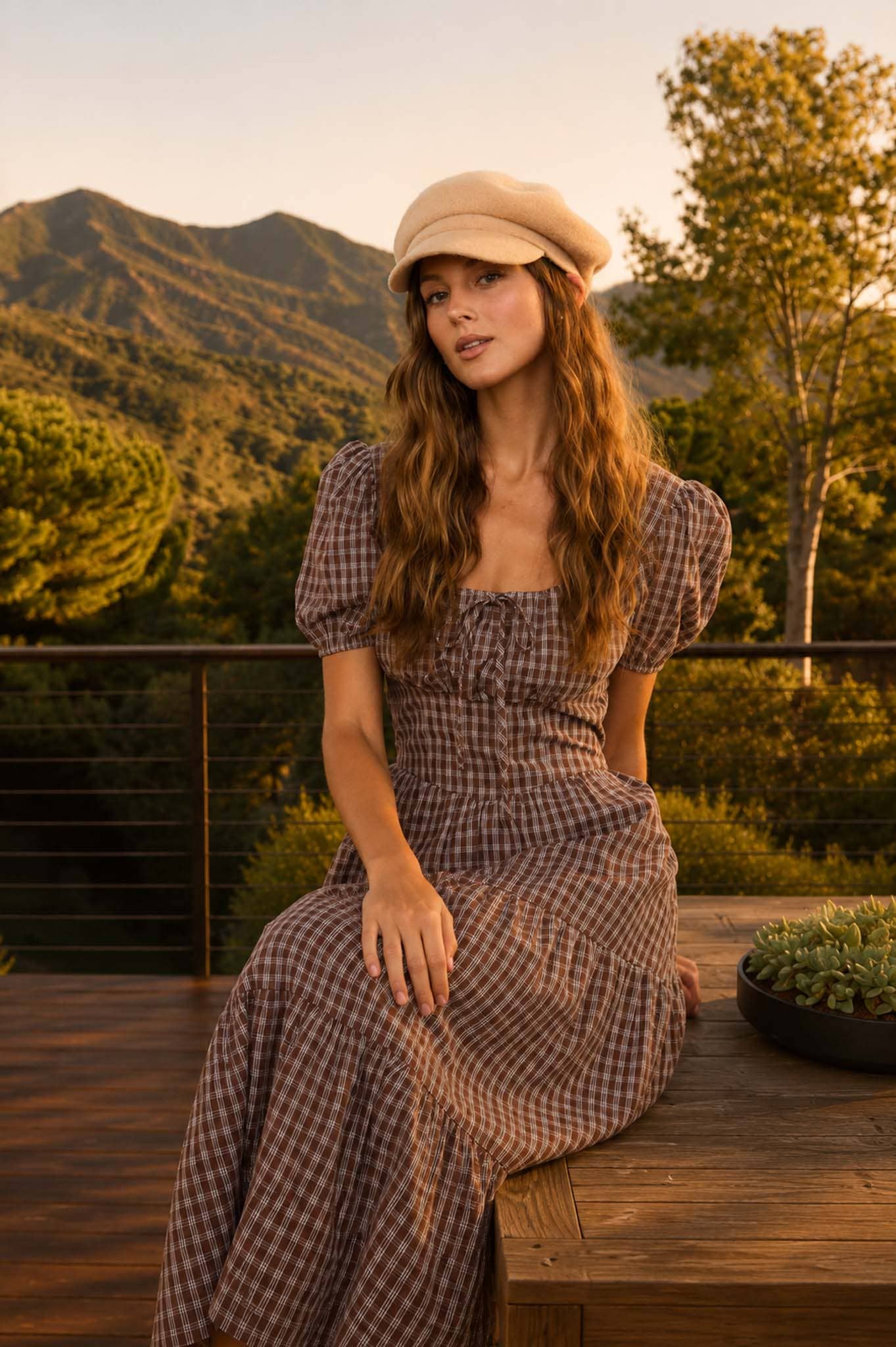 Brown Plaid Tiered Midi Dress showing color: mocha brown and cream check plaid