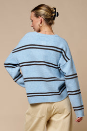 Light Blue Striped Button Cardigan