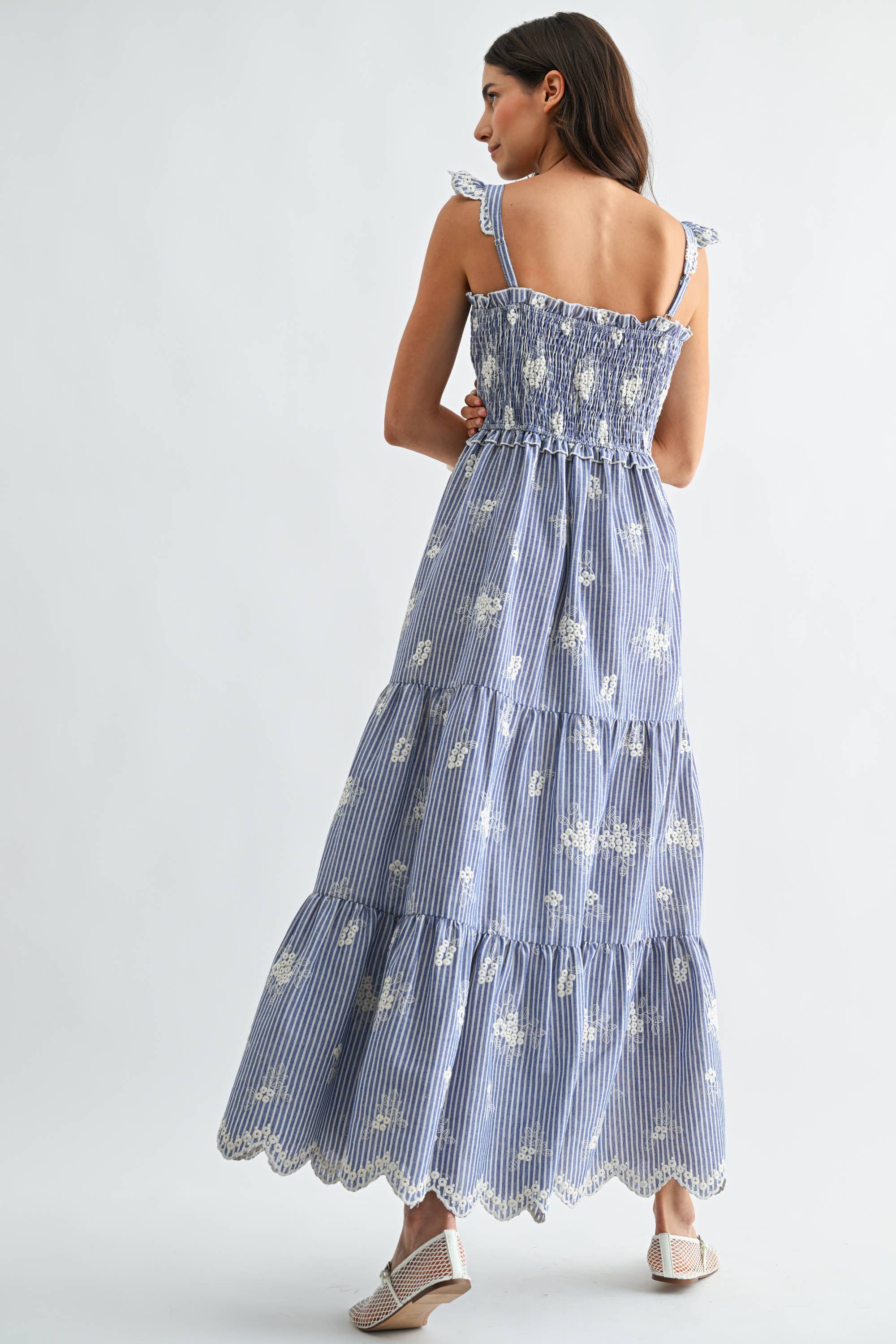 Blue Embroidered Striped Maxi Dress