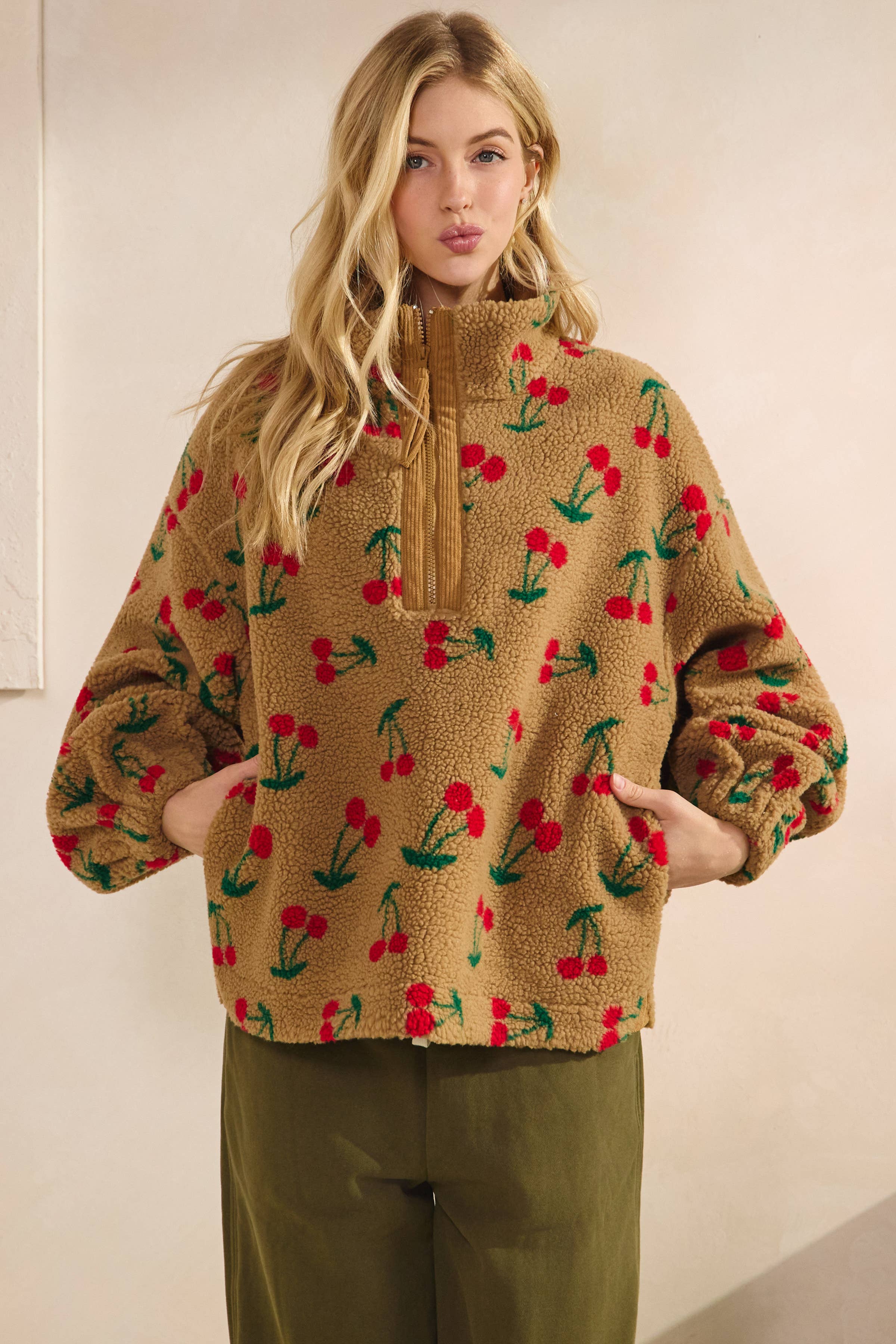 Cherry Printed Quarter Zip Sweater